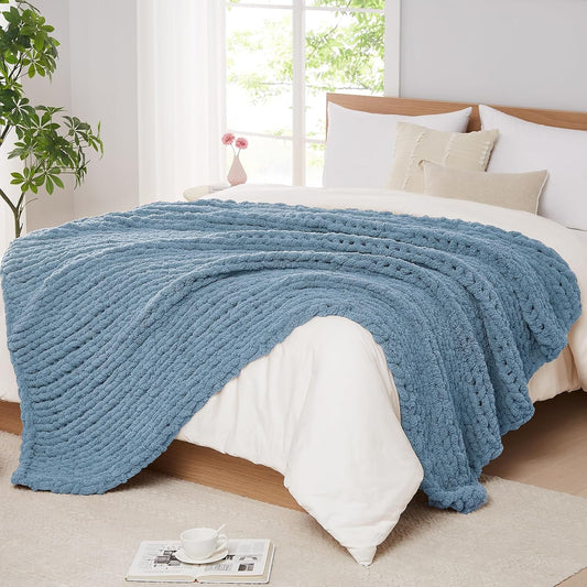 L'AGRATY Chunky Knit Blanket Throw: 60''x80'' Chenille Chunky Knitted Throw Blanket for Bed Couch - Handmade Thick Big Cable Knit Blanket - Large Crochet Rope Blanket for Home Decor(Airy Blue)