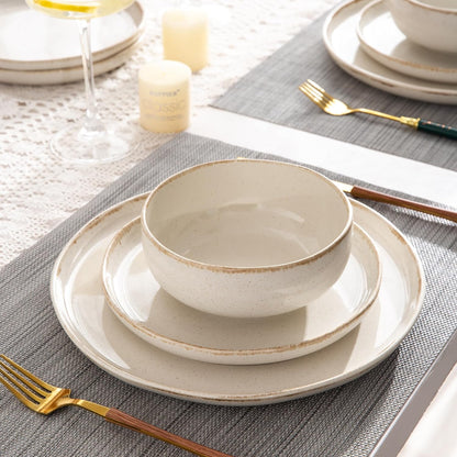 AmorArc Ceramic Dinnerware Sets, Wavy Rim Stoneware Plates and Bowls Sets, Highly Scratch Resistant | Dishwasher & Microwave Dishes set, Service for 6 (18pc)-Speckled Cappuccino
