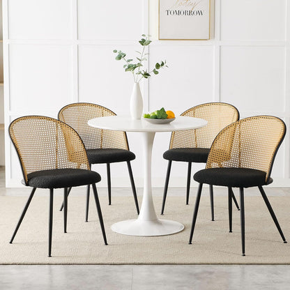 Dining Chairs Set of 4, Mid Century Modern Dining Room Chairs with Full Rattan Back, Boucle Fabric Upholstered Kitchen Dining Chairs Farmhouse Armless Mesh Cane Back Side Chairs with Metal Legs, Black