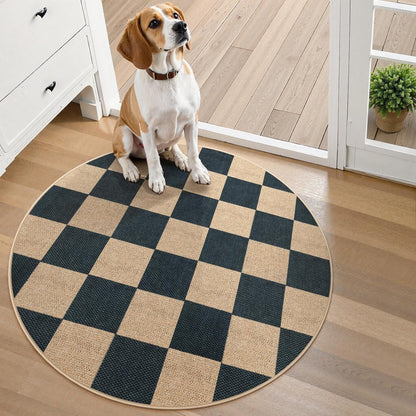 Lahome Checkered Easy Jute Rugs for Entryway, 3 ft Round Rug Small Indoor Outdoor Circle Carpet, Farmhouse Neutral Non Slip Non Shedding Black Carpet for Kitchen Front Porch Foyer