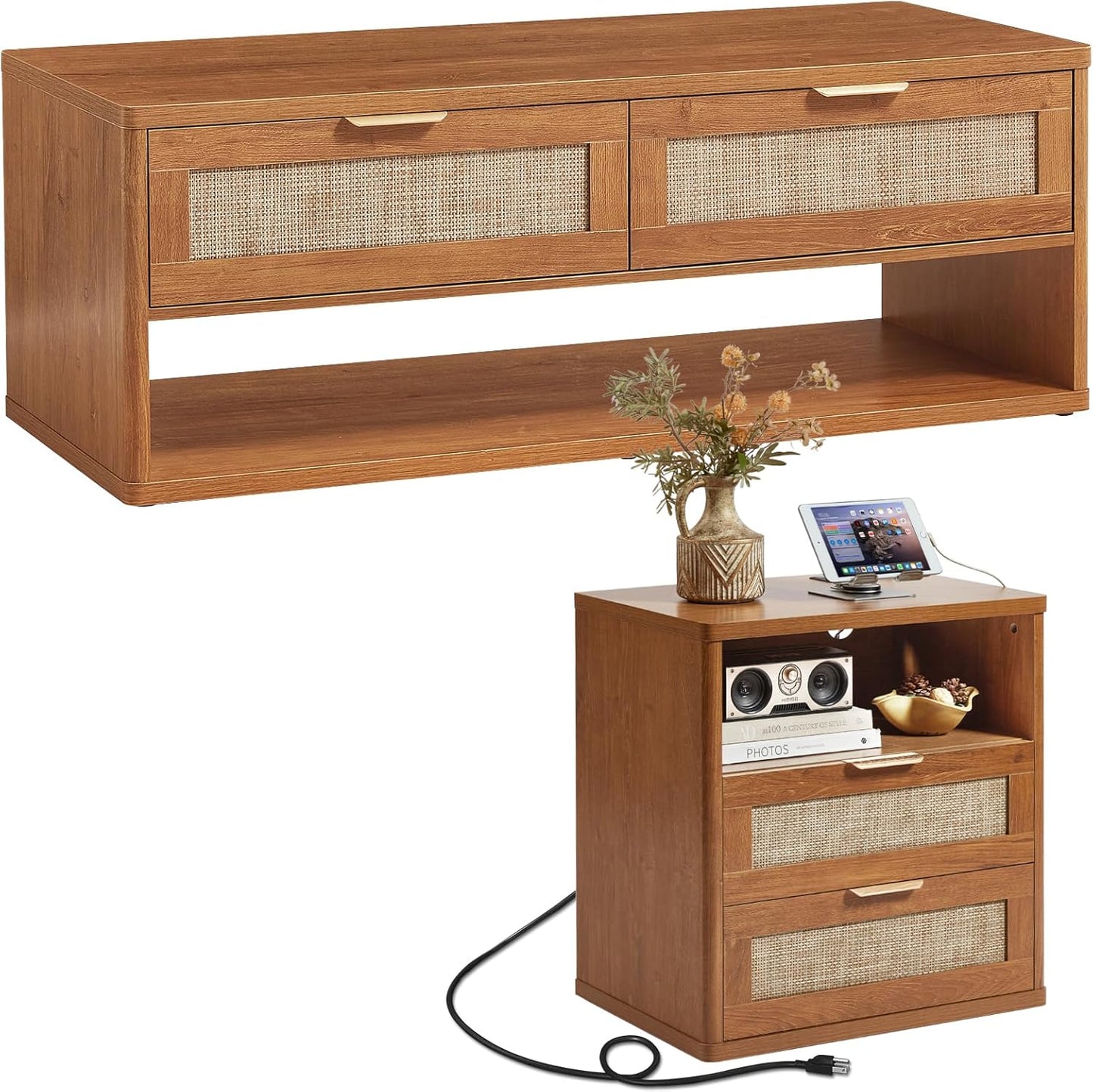 LEYAOYAO Boho Rattan Coffee Table and End Table Sets, 48" Wide Center Tables & 23" Night Stand with Charging Station Chest of Drawers, Brown Wood Coffee Table for Living Room 2 Piece Set