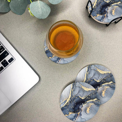 Emerson Coasters for Drinks Absorbent – Saucers Coffee Table Set of 6 with Holder, Wooden Tabletop Protection Marble Style 100% Ceramic - Non-Slip & Cork Bottom - Heavy Duty Drink Coasters (Riptide)
