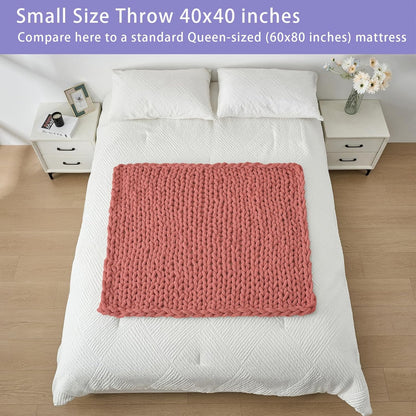 Bigacogo Chunky Knit Throw Blanket for Couch, 40x40 inches, 100% Hand Knitted with Thick Jumbo Chenille Yarn, Cozy Soft Large Rope Knot Cable Crochet Blankets for Sofa Bed Living Room, Antique Red