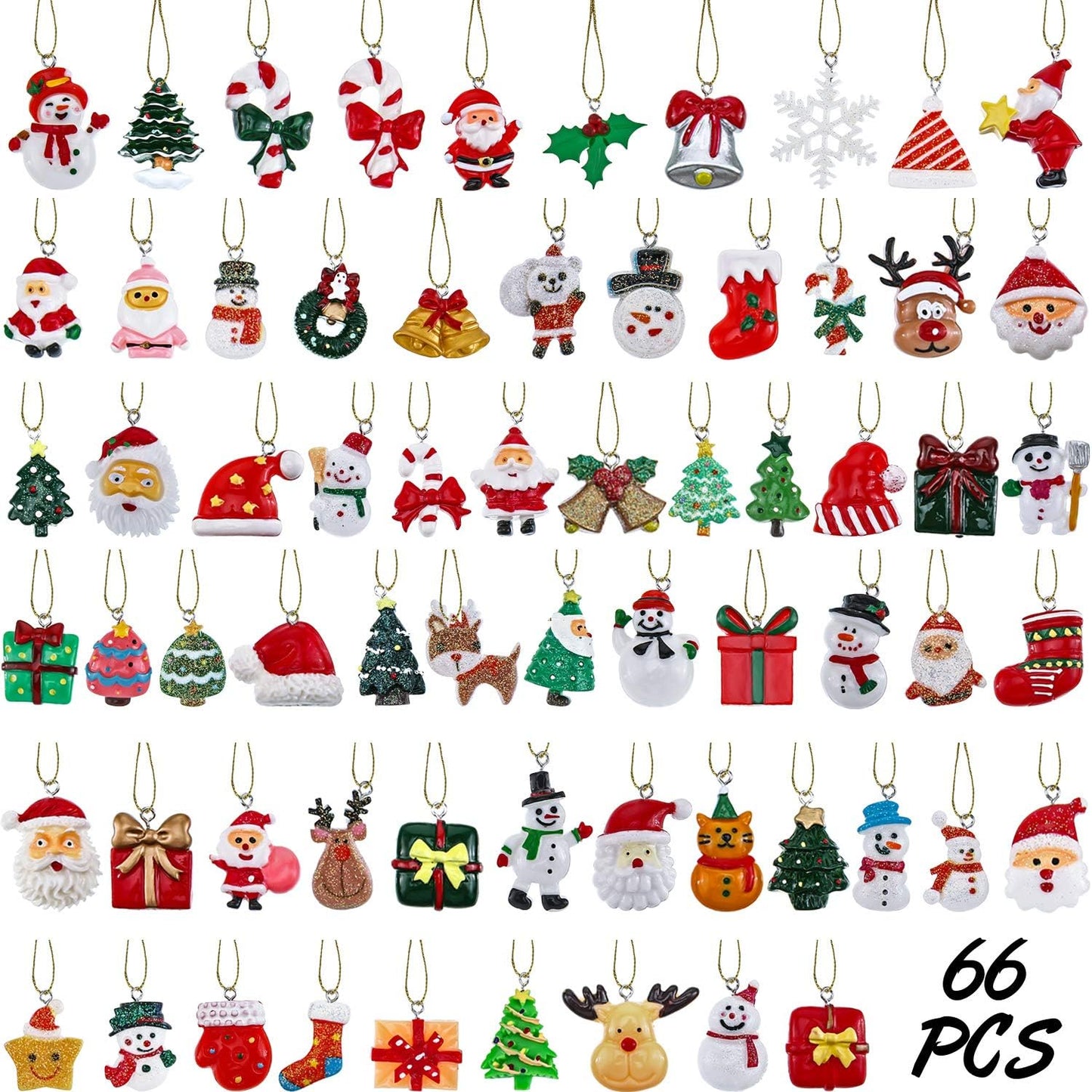 WILLBOND 66 Pieces Mini Resin Christmas Ornaments Christmas Tree Ornament with 65.6 Feet Gold Embroidery Thread for Xmas Hanging Decoration