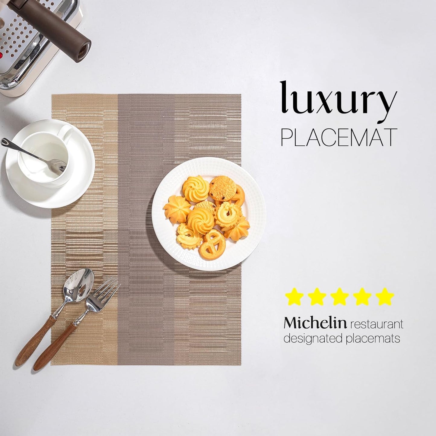 LEXMORE Placemats Set of 6 Vinyl/Plastic Woven Place Mats for Kitchen Table Indoor/Outdoor Washable Placemat Wipeable Dining Table Mats(Gold Dune)