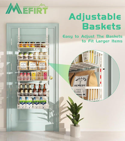 Over The Door Pantry Organizer, Wall Mount Spice Rack, Pantry Hanging Storage and Organization, 6 Adjustable Baskets Heavy-Duty Metal for Home & Kitchen, Back of Door Seasoning Rack - White