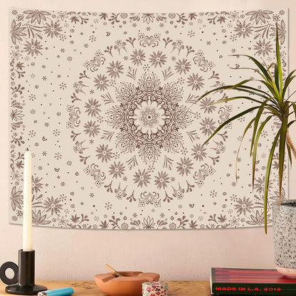 Fowocu Boho Floral Mandala Tapestry Wall Hanging Bohemian Flower Medallion Tapestry Aesthetic Beige Brown Hippie Indian Small Tapestries for Bedroom Living Room Dorm Decor 80 x 60 Inch