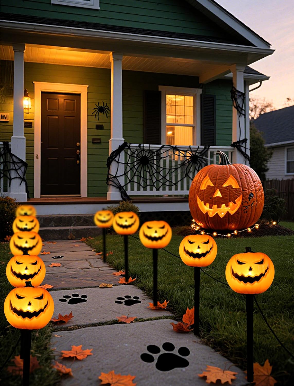 Classic Halloween Charm: 5 Pack UL-Listed Pumpkin Pathway Lights,Warm & Steady Plug-in Jack o' Lanterns,Weatherproof Outdoor Decor Stakes for a Safe, Nostalgic Trick-or-Treat Yard