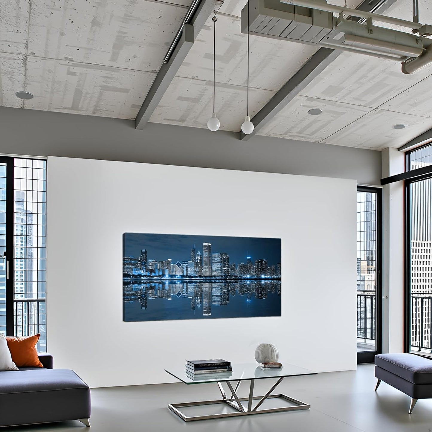 LevvArts Modern City Wall Art Chicago Downtown at Night Picture Print on Canvas Building Artwork for Office Living Room Wall Decoration