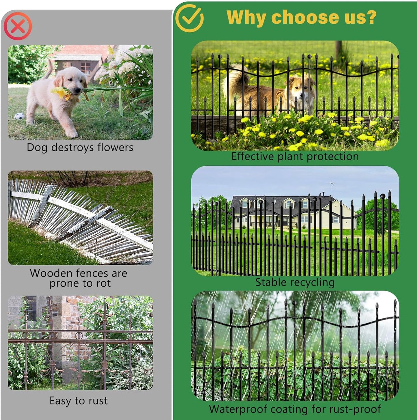 10 Panels No Dig Decorative Garden Fence, 32in(H)×22ft(L) Heavy-Duty Rustproof Metal Panels, Outdoor Dog Barrier for Yard & Patio, Landscape, Border| Portable Temporary Fencing