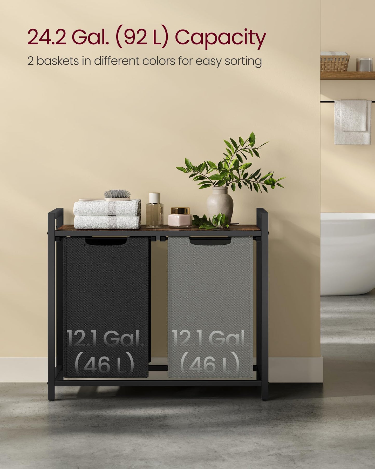 VASAGLE Laundry Hamper, Laundry Basket, Laundry Sorter with 2 Pull-Out and Removable Bags, Shelf
