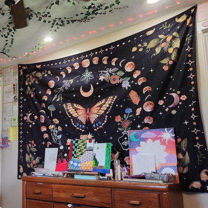 Aipon Yellow Butterfly Moon Flower Tapestry Botanical Floral Plant Boho Tapestry for Bedroom Aesthetic Vintage Tapestries Wall Hanging for Living Room Dorm (44.00'' × 60.00'', Yellow)