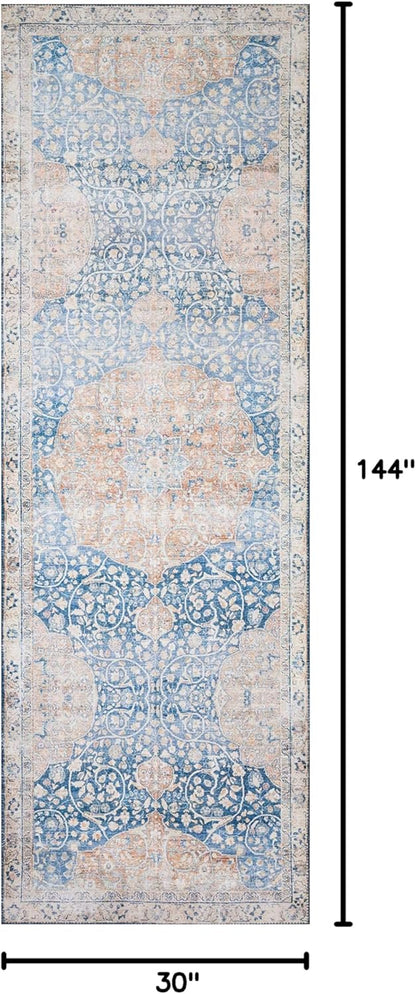 Loloi Layla Collection LAY-07 Blue/Tangerine 2'-6" x 12'-0" .13" Thick Runner Rug, Soft, Durable, Vintage Inspired, Distressed, Low Pile, Non-Shedding, Easy Clean, Printed, Living Room Rug