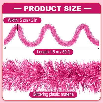 50 Feet Christmas Tinsel Garland, Metallic Twist Wall Hanging Tinsel Backdrop for Parade Floats, Carnival, Birthday, Wedding, New Year Party Decorations (Pink, 2in x 50ft)