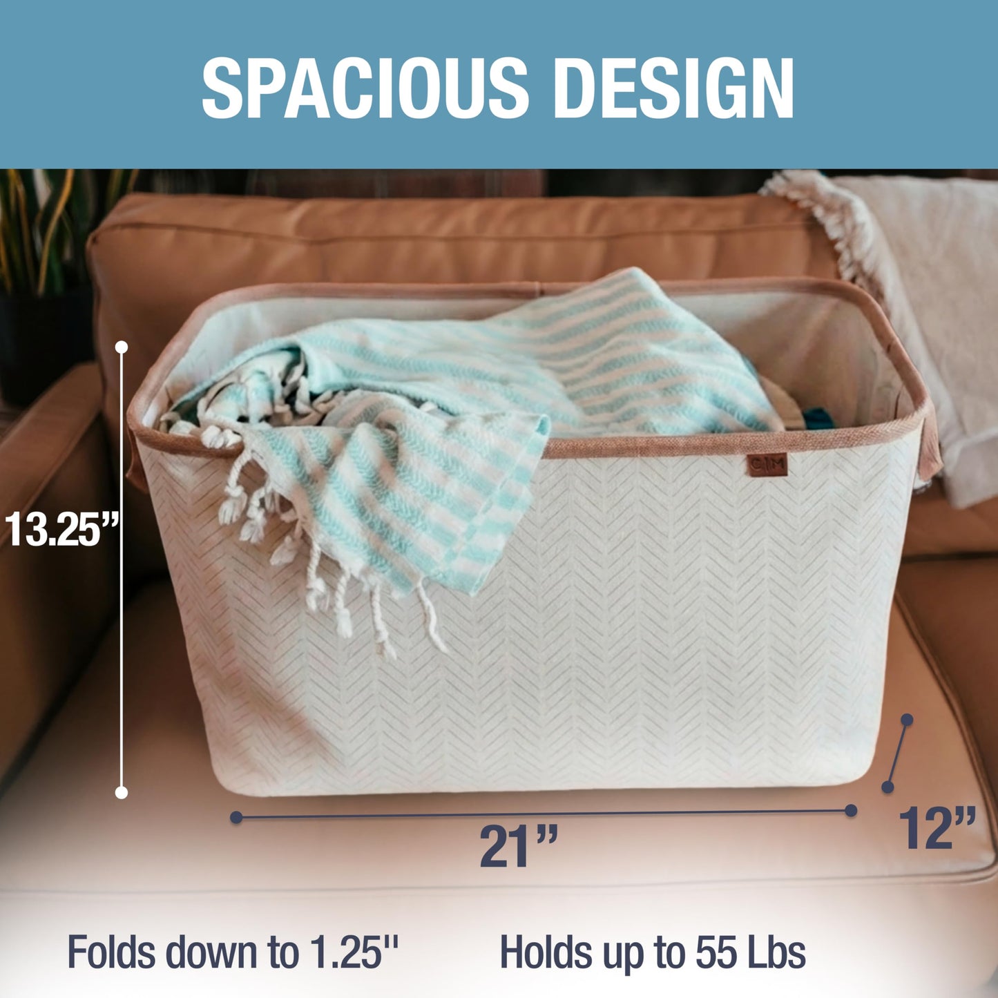 Collapsible Fabric Laundry Basket Premium, Cream Herringbone, 2 Pack