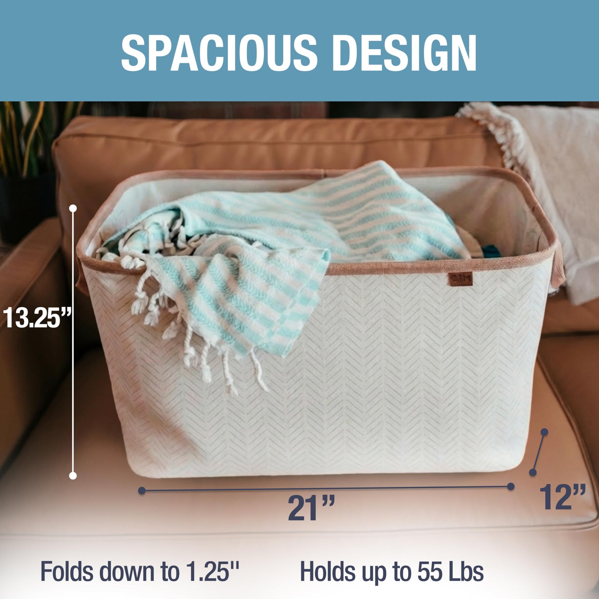 Collapsible Fabric Laundry Basket Premium, Cream Herringbone, 2 Pack