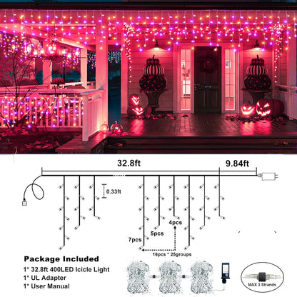 Orange and Purple Halloween Lights Outdoor, 33FT 400 LED Icicle Lights for Outside with Waterproof 8 Modes, Plug in Timer String Twinkle Light for Indoor House Yard Party Holiday Decorations