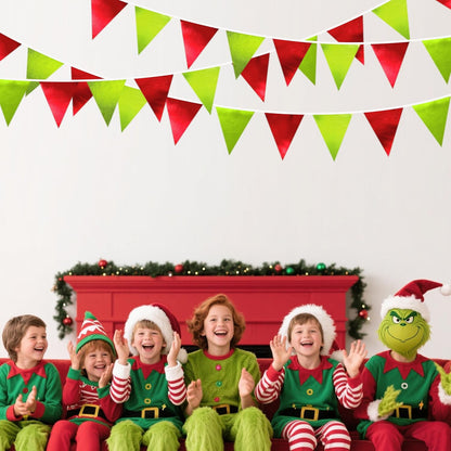 Red and Green Metallic Fabric Triangle Pennant Banner Flag Bunting Garland for Merry Grinchmas Birthday Baby Shower Bachelorette Xmas Holiday Christmas Holiday New Year Party Decorations Supplies