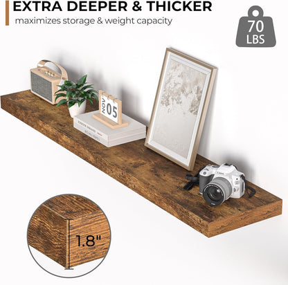 Floating Shelves - 10.23 Inch Deep Wall Shelf for Decor & Storage - Wall Mounted Display Shelving with Invisible Heavy-Duty Metal Bracket - 48" W x 10.23" D x 1.8" H - Set of 1 - Rustic Brown