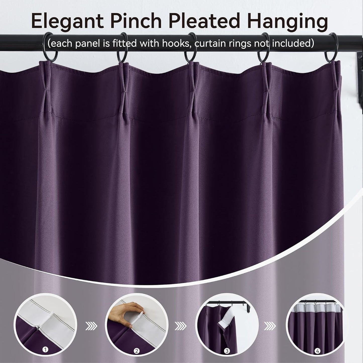 KangBang Royal Purple Pinch Pleated Curtains 84 Inch Length 2 Panels Set, Room Darkening Black Out Modern Soft Curtains & Drapes with Hooks for Bedroom Kitchen,40”Wx84”L