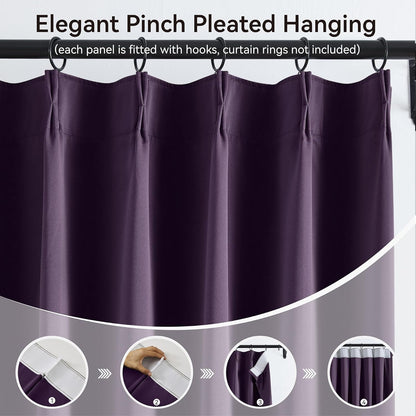 KangBang Royal Purple Pleated Curtains 2 Panels Set, 90 Inch Blackout Curtains for Bedroom Living Room, Sound Dampening Polyester Soft Aesthetic Window Treatments with Hooks, 40x90 Inch