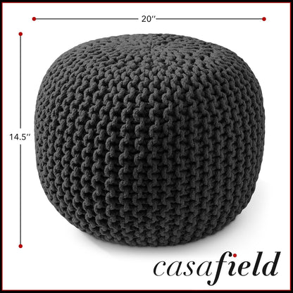 Casafield Round Pouf Ottoman, Black - 20" Diameter x 14.5" High Cotton Knit Foot Stool - Boho Floor Pouffe for Living Room, Bedroom, Home Office