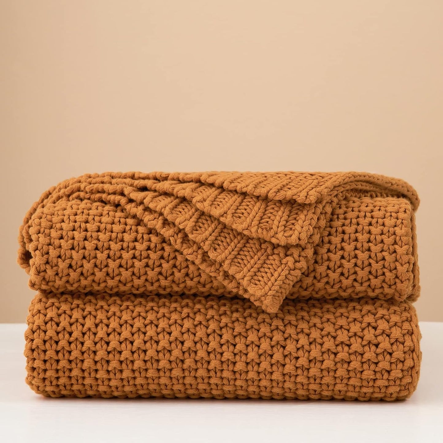 Chunky Cable Knit Throw Blanket Lightweight Burnt Orange 100% Organic Cotton Blanket for Sofa Couch Bed Baby Nursery, Rustic Shabby Chic Modern Farmhouse, 60” x 80” Give Laundering Bag