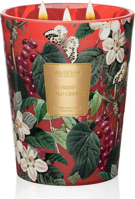M&SENSE Wild Cherry Scented Candle 3 Wick, 35oz 150H Long Lasting, Soy Candles Stress Relief
