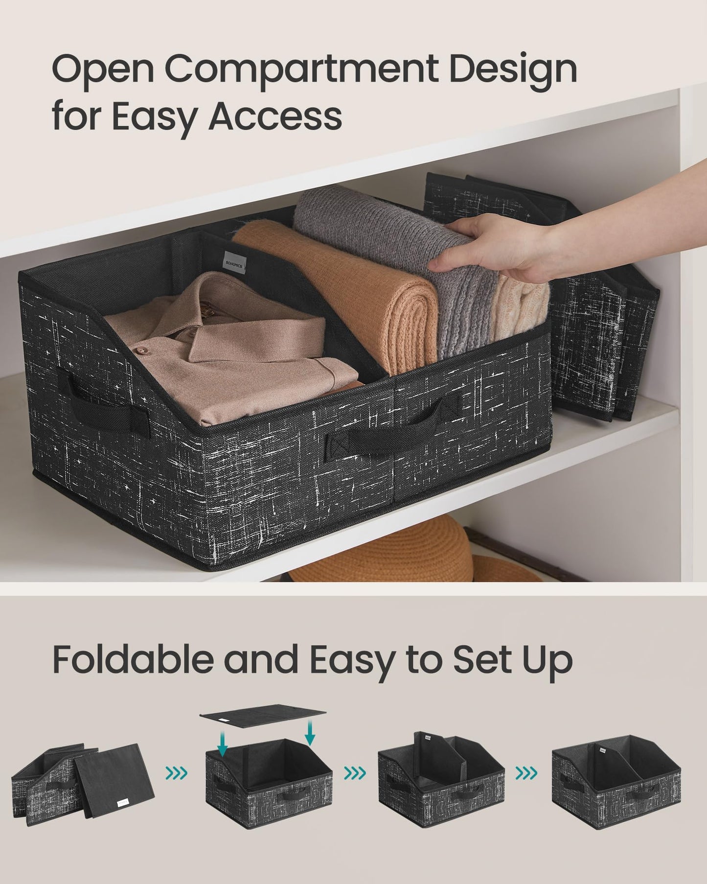 SONGMICS Storage Baskets, Set of 6, Foldable Closet Organizer for Shelves