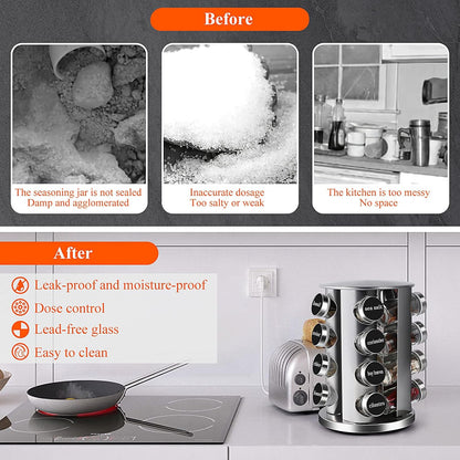 DOUBLE 2 C Revolving Countertop Spice Rack Stainless Steel Seasoning Storage Organization,Spice Carousel Tower for Kitchen Set of 16 Jars (16Jars)