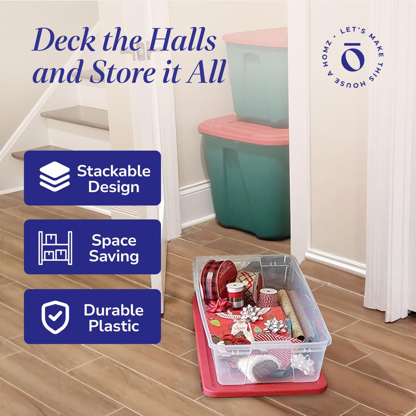 HOMZ 2-Pack Holiday Tote, Clear Plastic Storage Organizer Bins with Lids, 41 Quart, Red - Stackable