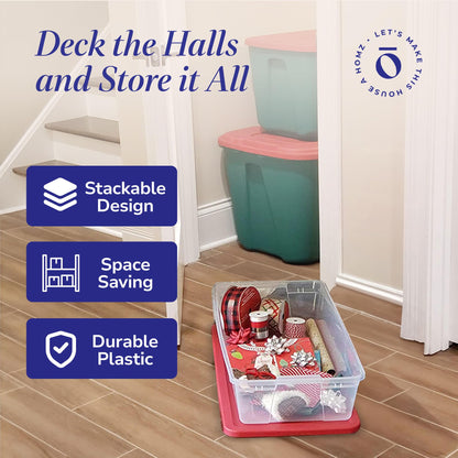HOMZ 2-Pack Holiday Tote, Clear Plastic Storage Organizer Bins with Lids, 41 Quart, Red - Stackable