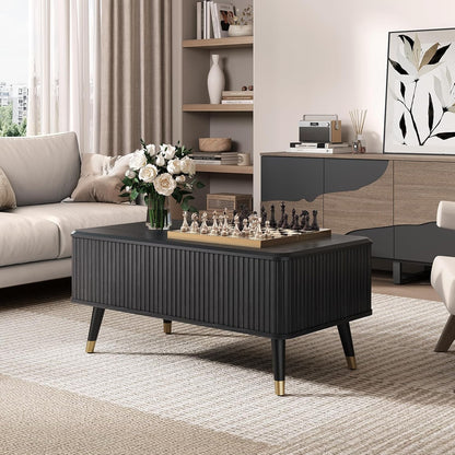 Lift Top Coffee Table with Storage Shelf & Hidden Compartment, Mid Century Modern Fluted Rectangle Dining Table for Living Room, Home Office,Black