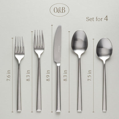 over&back 20pc Modern Flatware Cutlery Set - Comes with 4 Dinner Forks, 4 Salad Forks, 4 Dinner Knives, 4 Dinner Spoons, and 4 Teaspoons - 18/8 Stainless Steel - Dishwasher-Safe - Brushed Stainless