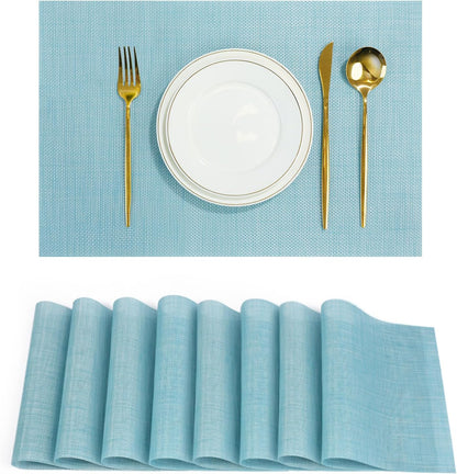 Placemats Set of 8，Non-Slip PVC Weave Table Mats Easy to Clean，Heat Resistant Place Mats for Kitchen Dining Table Decoration Indoor Outdoor，Blue