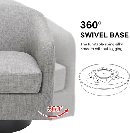 Swivel Barrel Accent Chair, Modern Round Linen Arm Chair for Living Room, Bedroom, Comfy Club Reading Chairs for Adults（Linen Fabric, Light Grey, Set of 4