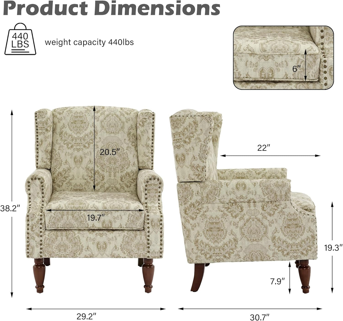 UIXE High Back Floral Accent Chairs Set of 2, Upholstered Armchair in Fabric, Retro Printed Wingback Arm Chair for Living Room, Nailhead Trim Single Sofa Bedroom Reading Seat - White