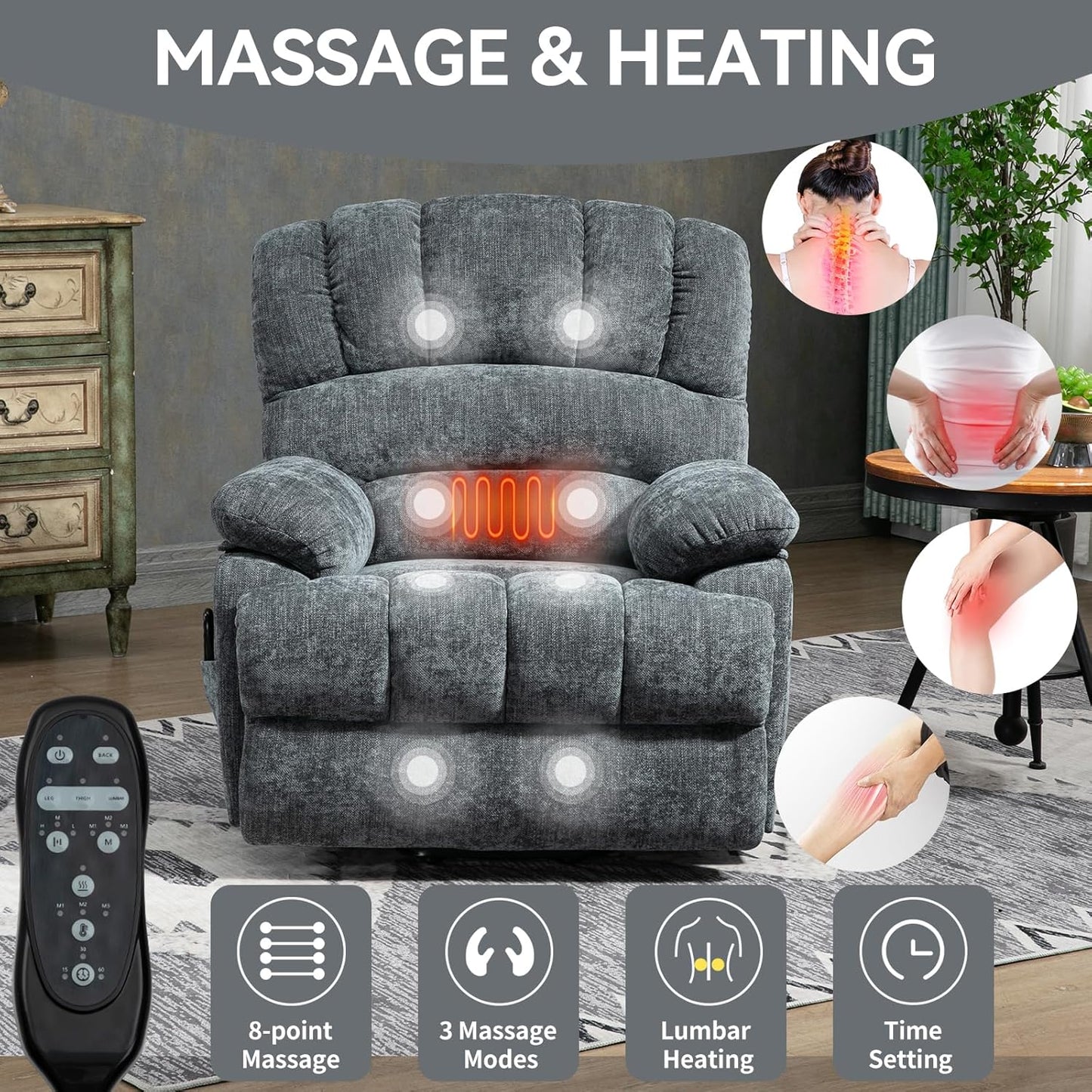 Power Lift Chair with Vibration Massage and Lumbar Heat for Elderly, Electric Recliner Chair Max 155° with Charging Ports, Blue Gray