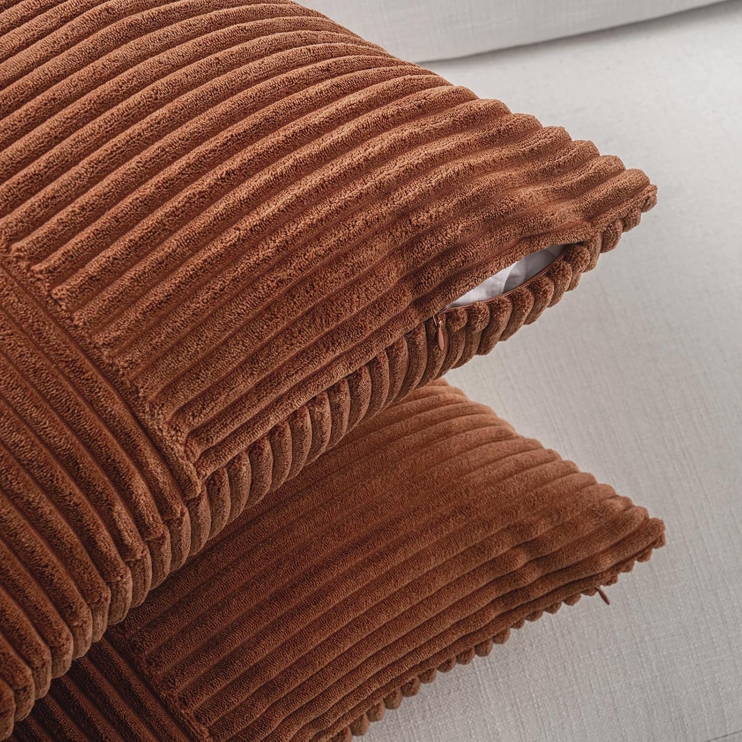 Fancy Homi 2 Packs Rust Lumbar Decorative Throw Pillow Covers 20x28 Inch for Couch Bed Sofa, Rustic Farmhouse Boho Home Decor, Soft Striped Corduroy Rectangle Accent Terracotta Cushion Case 50x70 cm
