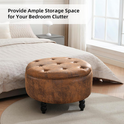 PU Leather Round Ottoman with Storage, Upholstered Tufted Storage Footstool, Modern Wooden Coffee Table for Living Room, Bedroom,Light Brown(PU)