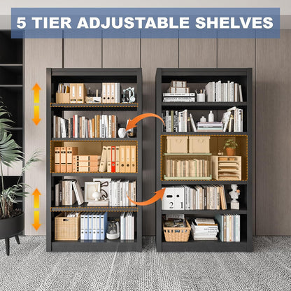 Metal Bookshelf Adjustable - 61" Tall Black Bookcase, 5 Tier Book Shelf, Tooless Assembly Book Case, Modern Bookshelves and Bookcases for Home Office, Living Room, Bedroom, Library
