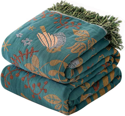 Boho Throw Blanket for Couch Sofa Bed, 100% Cotton Woven Quilt with Tassel 60”x80”, Super Soft Muslin Blanket with Bird Printed, Decorative Reversible Bed Blanket/Cover for All Seasons