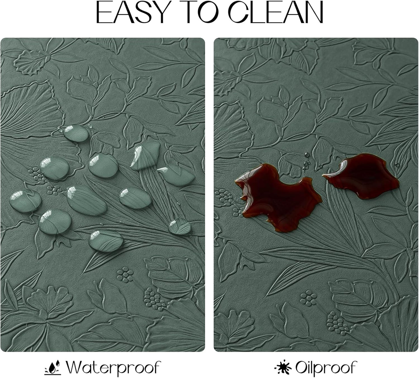 Romanstile Vinyl Placemats Set of 4-12 X 18 Inch - Heat Resistant Non-Slip Embossed Floral Place Mats 100% Waterproof Oilproof Wipeable Faux Leather Table Mats for Kitchen/Dining/Party, Green