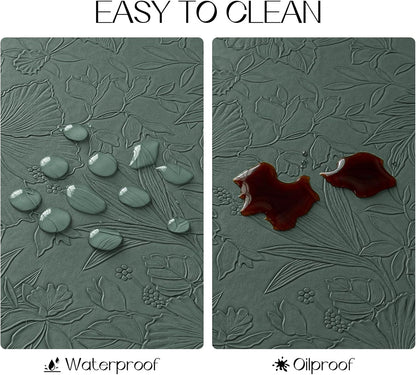 Romanstile Vinyl Placemats Set of 4-12 X 18 Inch - Heat Resistant Non-Slip Embossed Floral Place Mats 100% Waterproof Oilproof Wipeable Faux Leather Table Mats for Kitchen/Dining/Party, Green