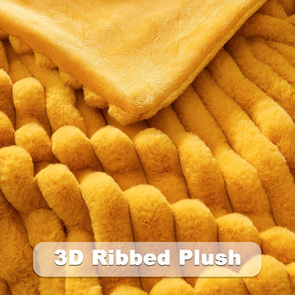 NEWCOSPLAY Faux Fur Twin Blanket Mustard Yellow 3D Ribbed Plush Thick Warm Blanket for Couch Sofa Bed 850GSM (Mustard Yellow Ribbed, Twin(60"x80"))