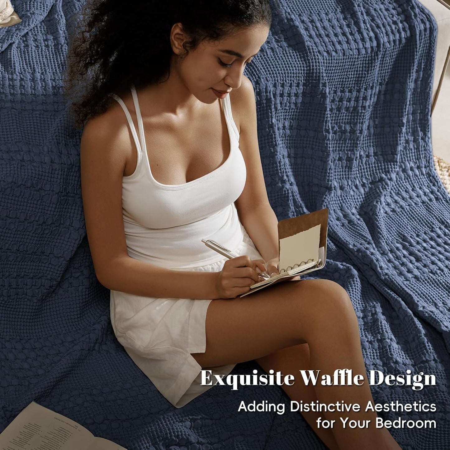 PHF 100% Cotton Waffle Weave Blanket Queen Size, Soft Lightweight Breathable Cozy Summer Blankets for Bed, Luxury Aesthetic Woven Bedding for Home Decor, 90"x90", Dark Navy