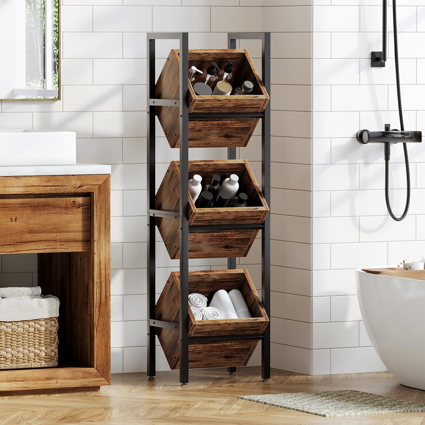 LITTLE TREE 3-Tier Basket Stand, Wooden Floor Stand Shelving Unit, Standing Organizer Storage Rack