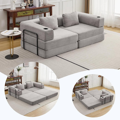 78" W Loveseat Sofa, 4 in 1 Convertible Floor Sofa Bed, Boneless Cloud Couch with Cup Holder, Fold Out Floor Couch, Loveseat Recliner Sleeper for Living Room Bedroom Lounge(Corduroy, White)