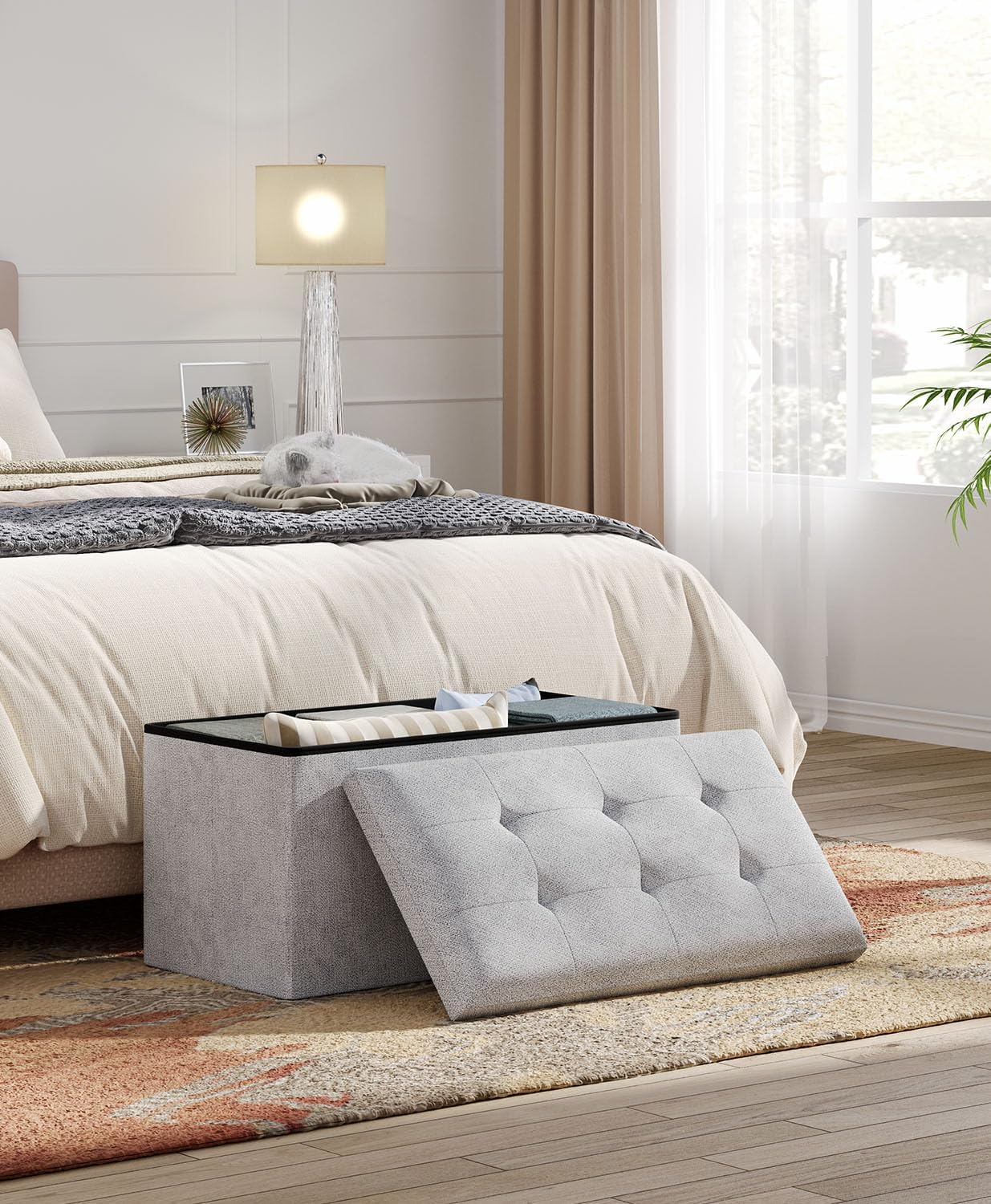 Storage Ottoman Bench, Folding Ottoman Foot Rest, 15 x 30 x 15 Inches, End of Bed Bench, Storage Chest, for Living Room, Bedroom, Hallway, Entryway, Light Gray