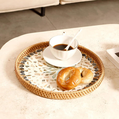 Round Rattan Tray with Mother of Pearl Inlay & Wooden Base - Decorative Wicker Serving Tray for Coffee/Bread/Fruits, Food Storage & Display - Multipurpose Home Decor (L,Blue Shells)